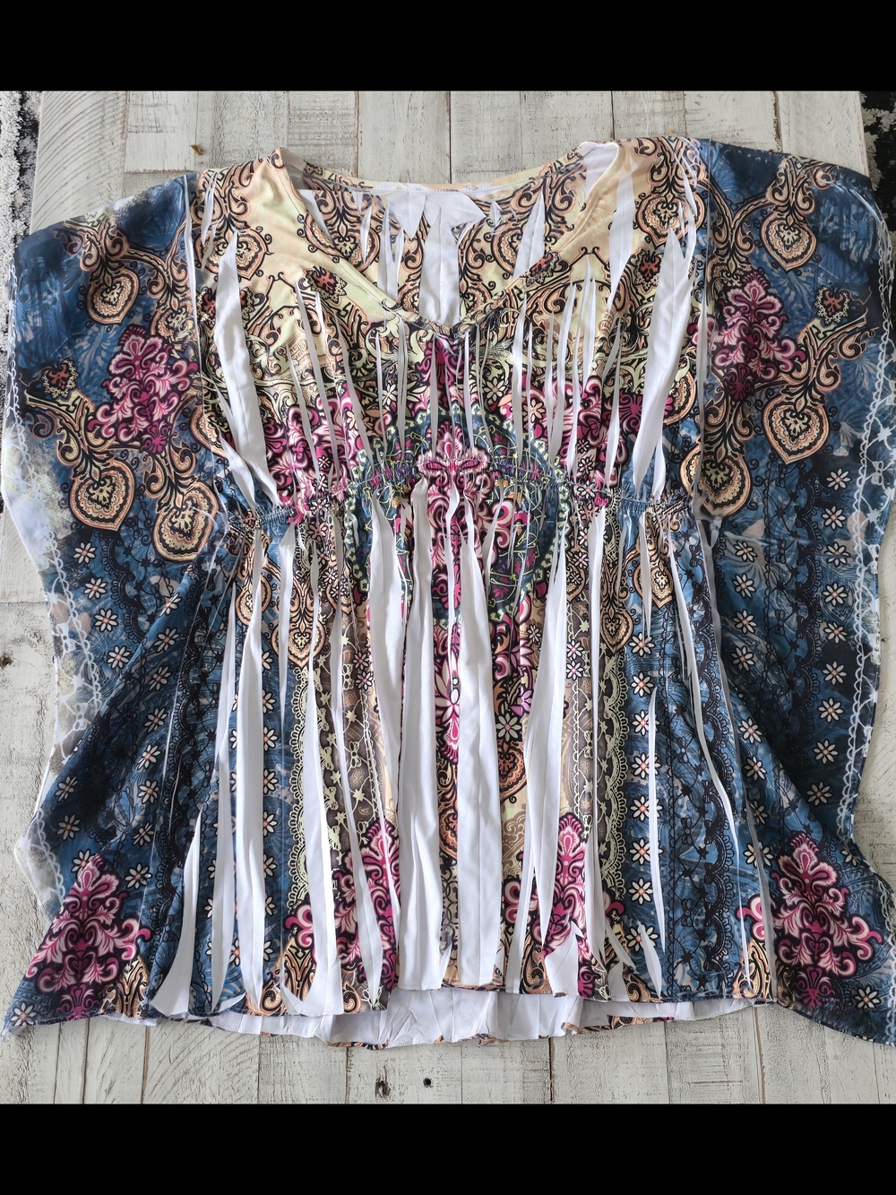 Boho Paisley Tie-Waist Tunic in Blue, Pink & Cream
